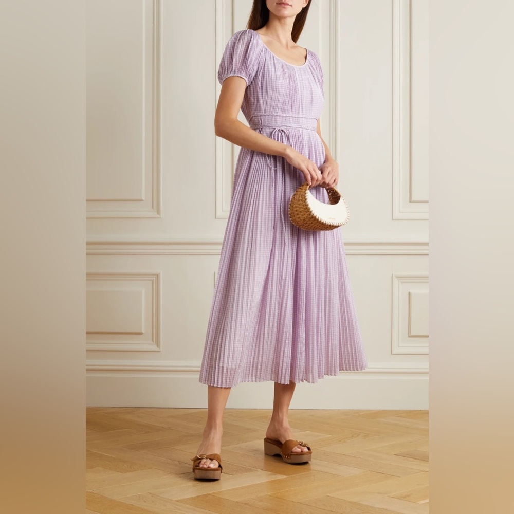NWT $698 Tory Burch Belted Pleated Checked Cotton And Silk Voile Maxi Dress